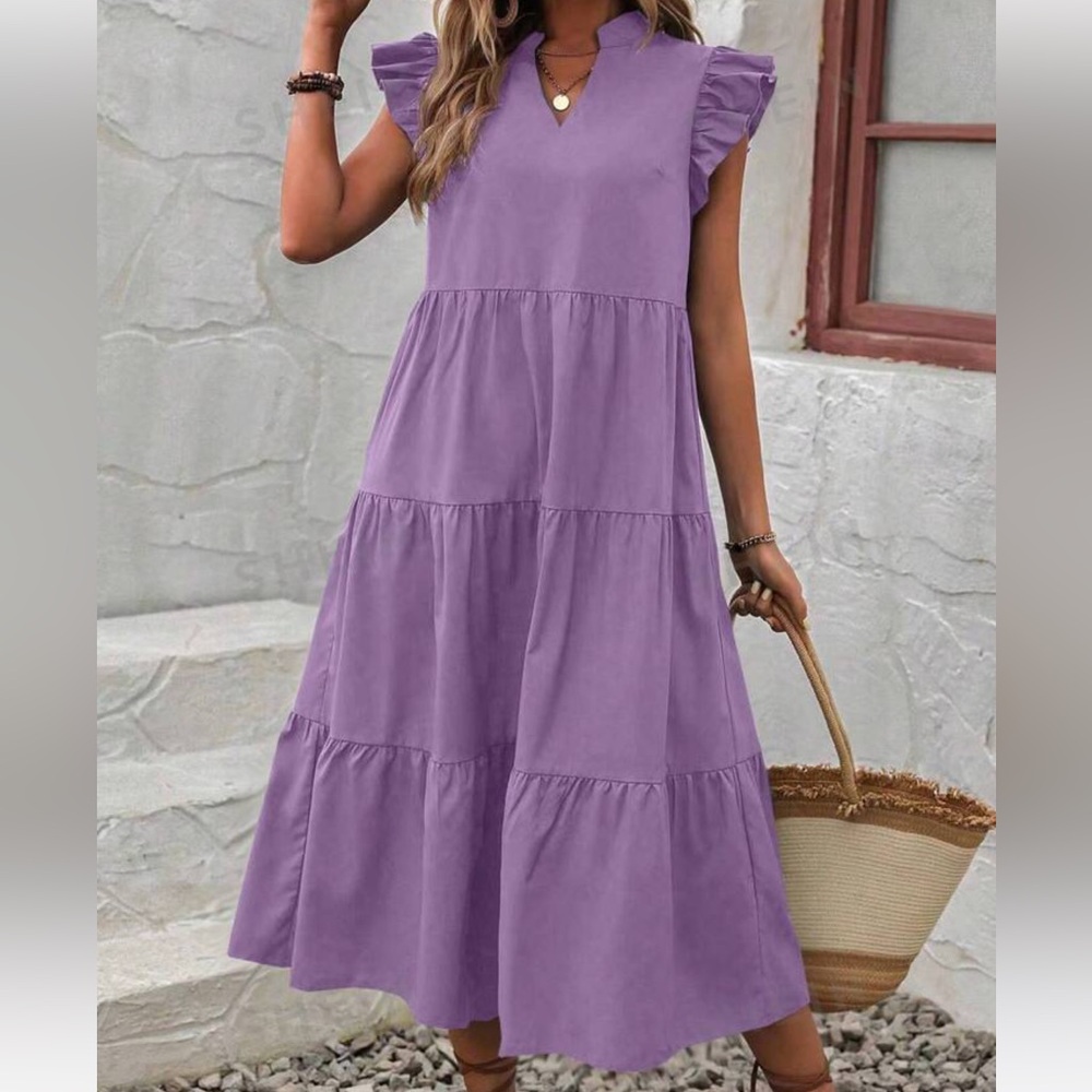 Shein Purple Tiered Ruffle Sleeve Midi Dress